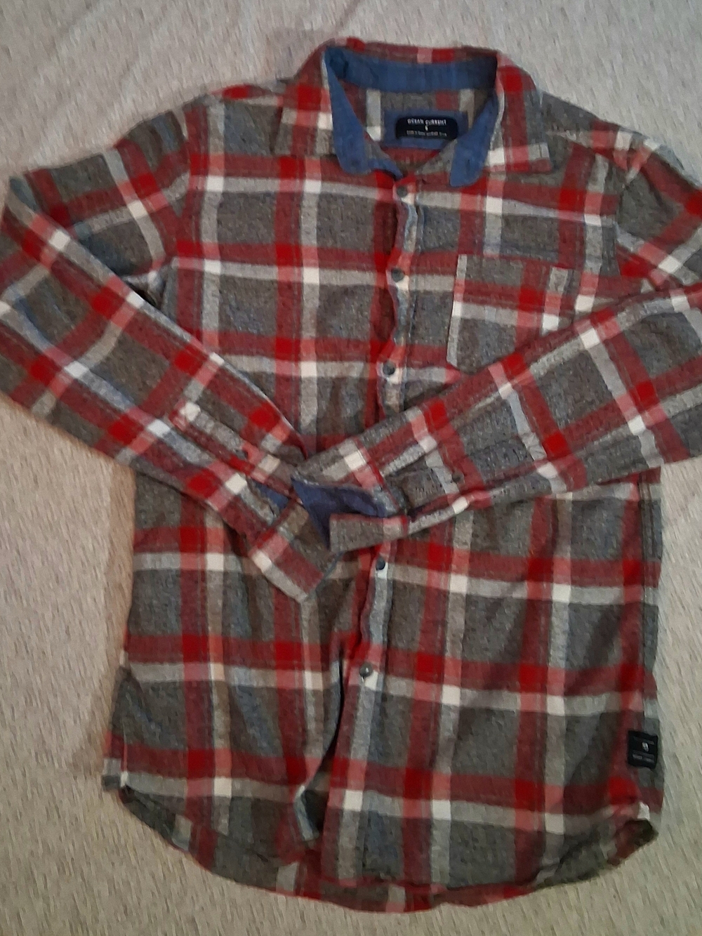 Ocean Current Red, Gray & White Plaid Casual Button-Down Shirt with Blue Trim